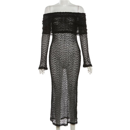 BerryBetty - Textured glitter off shoulder long sleeve see through maxi dress