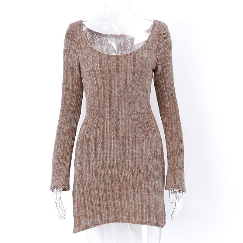 BerryBetty - Long sleeve solid fluffy off shoulder hollow out mini dress