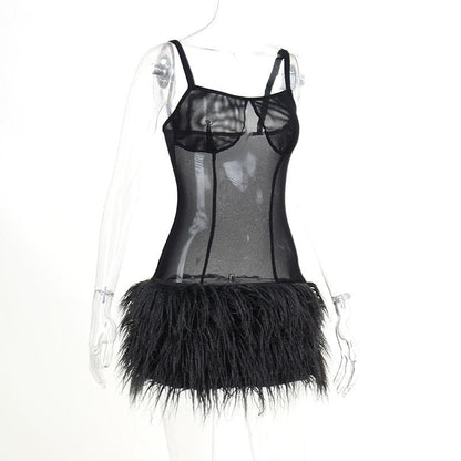 BerryBetty - Mesh see through feather sleeveless backless mini dress