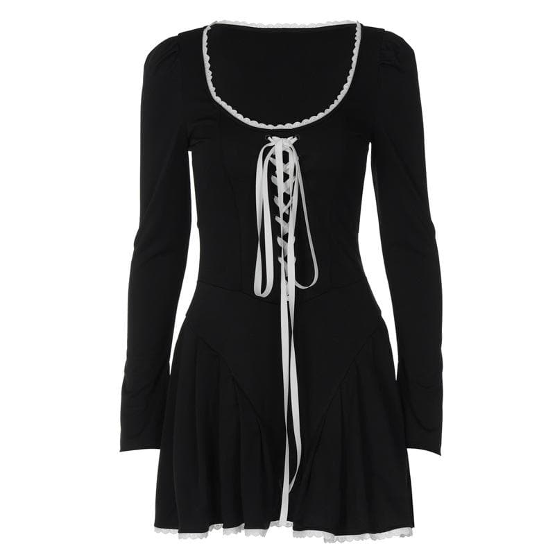 BerryBetty - Lace hem contrast long sleeve u neck lace up mini dress