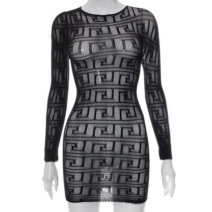 BerryBetty - Fishnet see through long sleeve hollow out mini dress