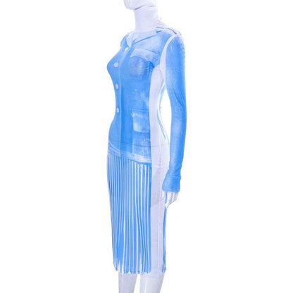 BerryBetty - Sheer mesh see through turtle neck long sleeve contrast print midi dress
