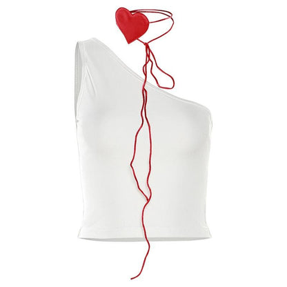 BerryBetty - One shoulder irregular heart applique sleeveless crop top