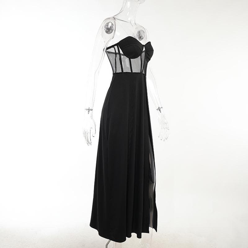 BerryBetty - Mesh heart neck high slit pleated tube maxi dress