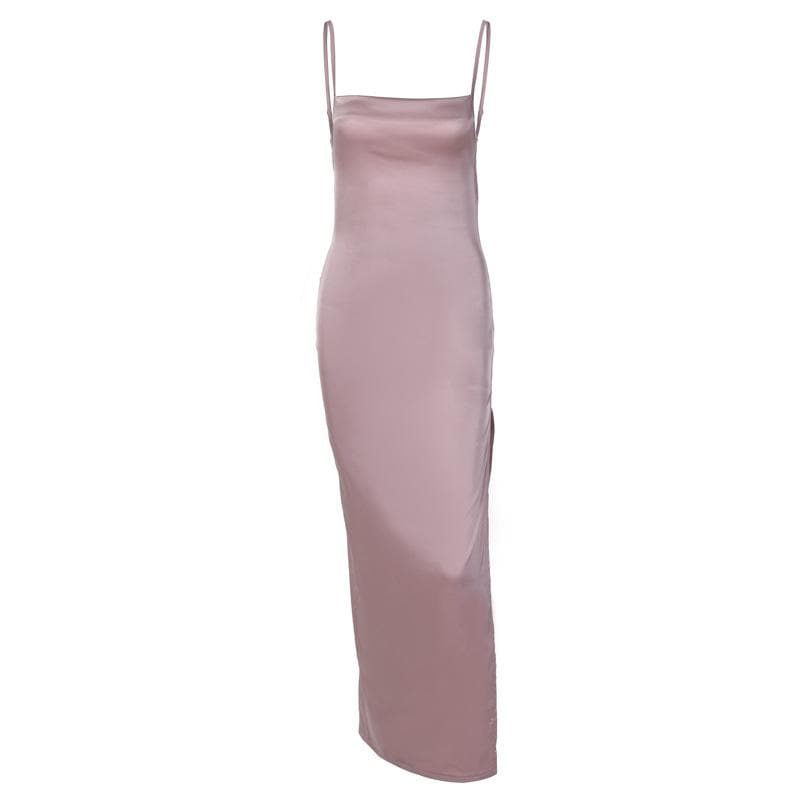 BerryBetty - Sleeveless solid slit self tie backless satin midi dress