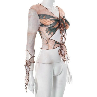 BerryBetty - Butterfly print sheer mesh see through long sleeve ruffle self tie crop top