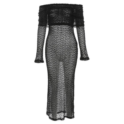 BerryBetty - Textured glitter off shoulder long sleeve see through maxi dress
