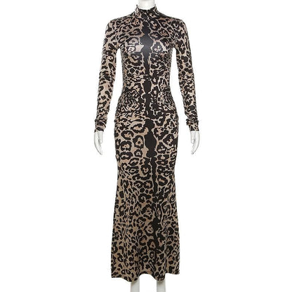 BerryBetty - Leopard print contrast high neck long sleeve maxi dress