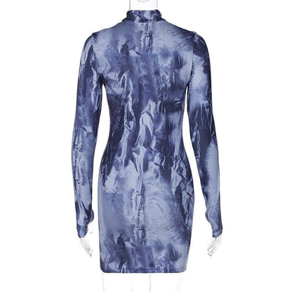 BerryBetty - Tie dye long sleeve high neck gloves contrast mini dress