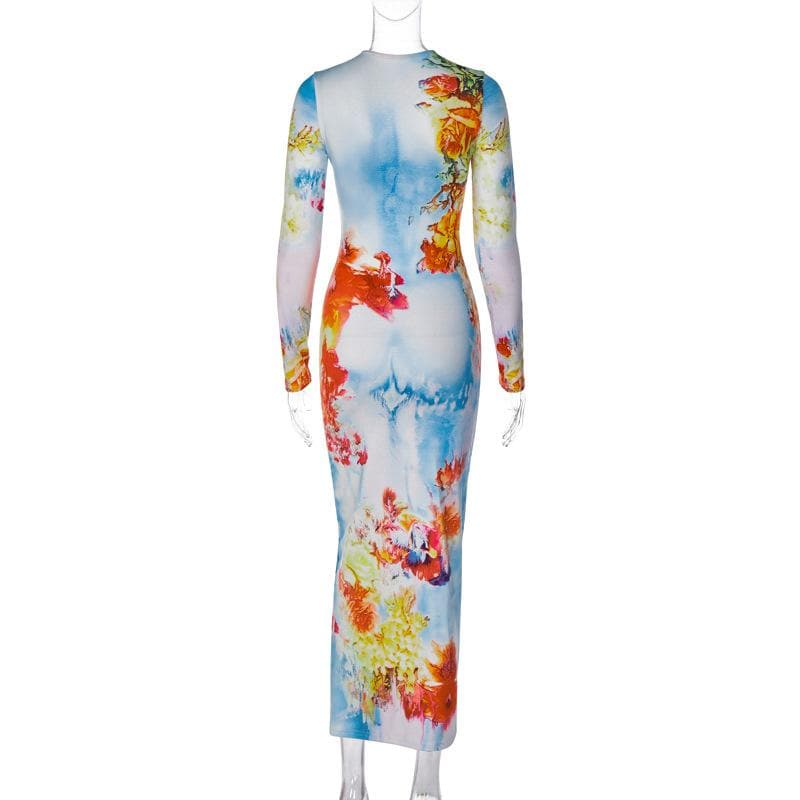 BerryBetty - Long sleeve crewneck flower print contrast maxi dress