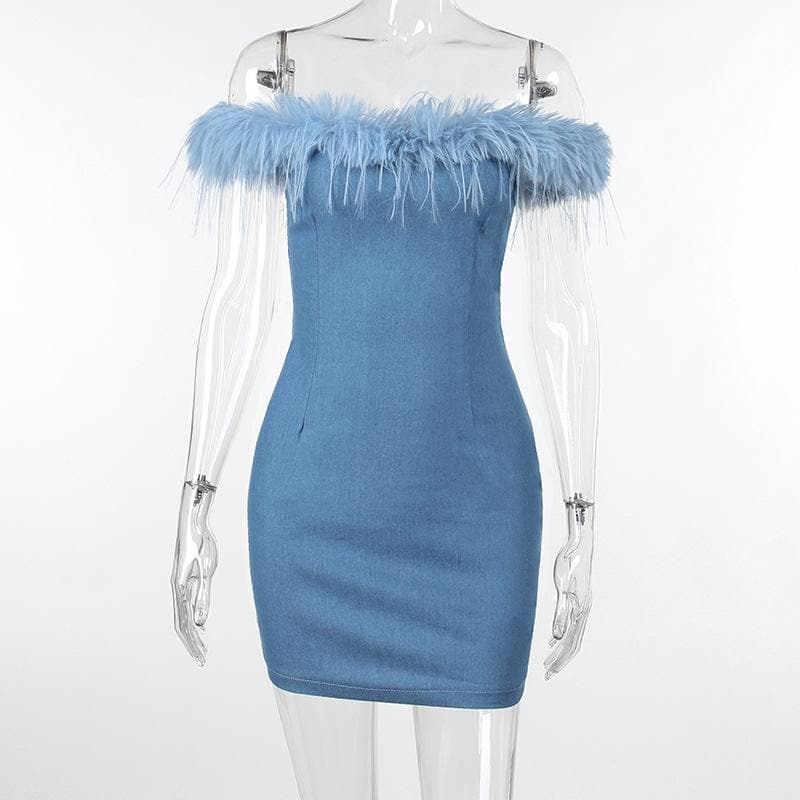 BerryBetty - Feather off shoulder solid backless zip-up denim mini dress