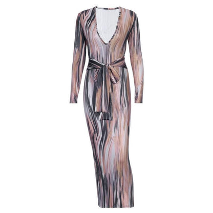 BerryBetty - Long sleeve deep v neck knotted print maxi dress