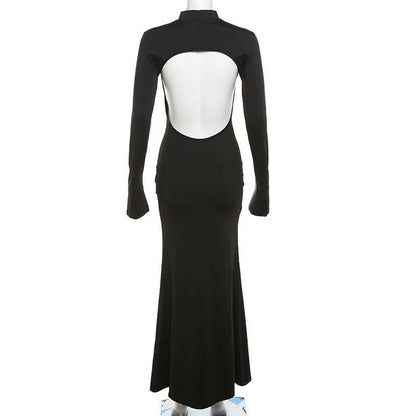 BerryBetty - Backless high neck long sleeve solid maxi dress