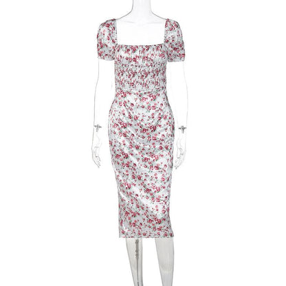 BerryBetty - Satin flower pattern print zip-up ruched square neck short sleeve midi dress