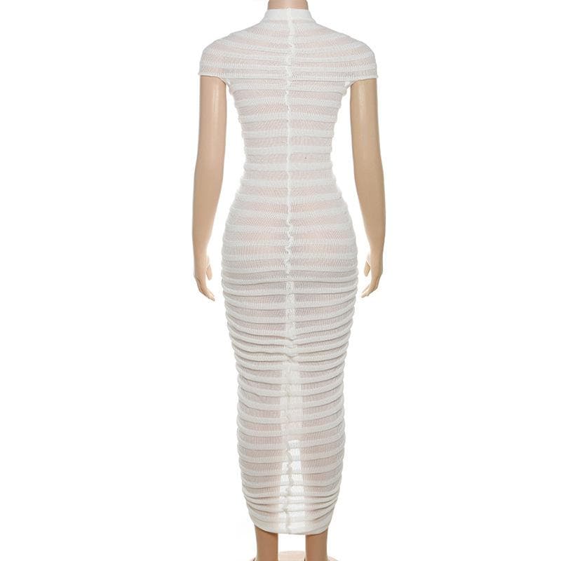 BerryBetty - Knitted solid short sleeve crewneck see through maxi dress