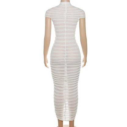 BerryBetty - Knitted solid short sleeve crewneck see through maxi dress