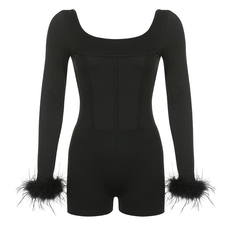 BerryBetty - Feather corset long sleeve backless solid romper