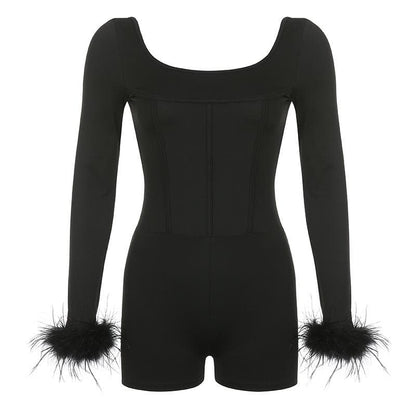 BerryBetty - Feather corset long sleeve backless solid romper