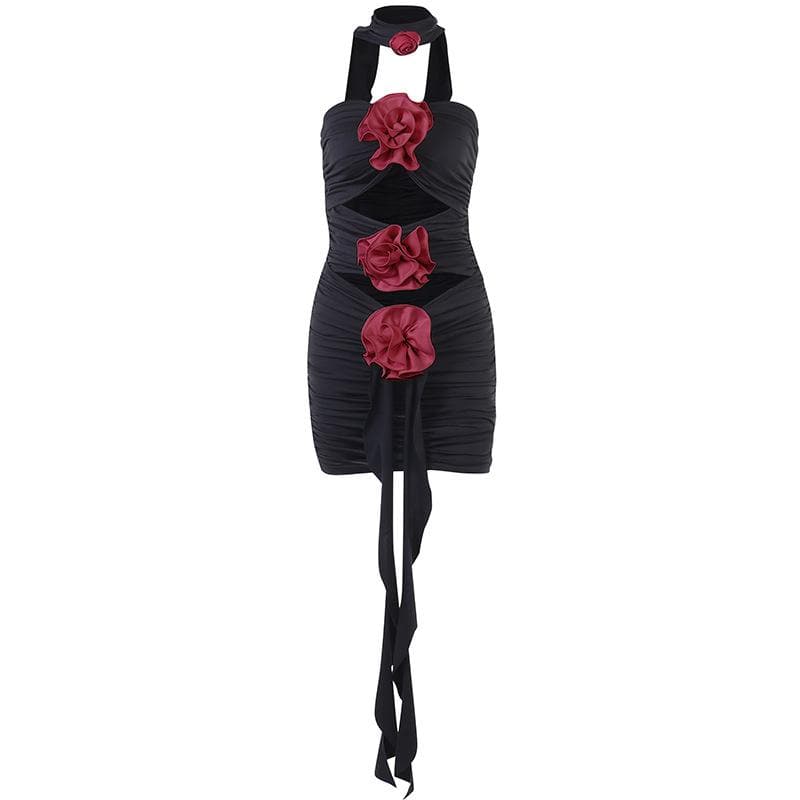 BerryBetty - Flower applique hollow out ruched contrast tube mini dress