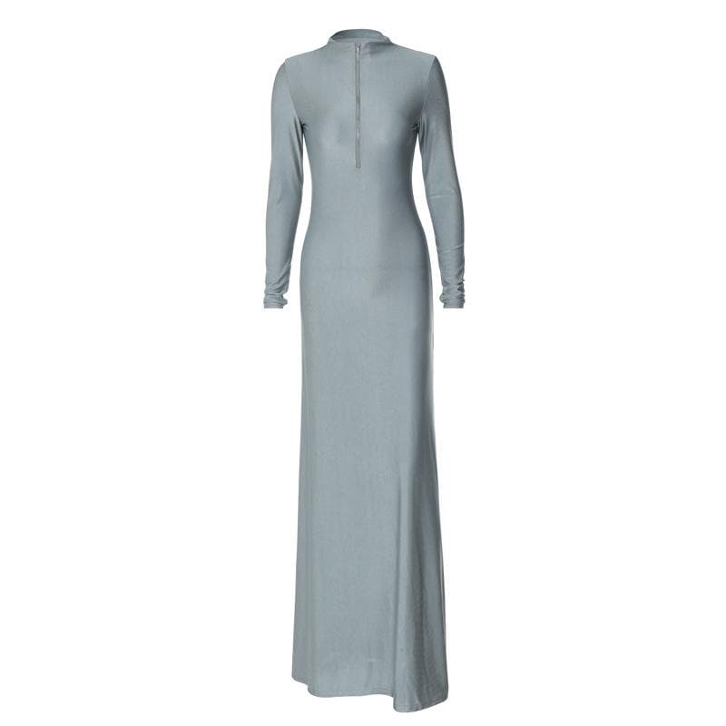 BerryBetty - High neck long sleeve zip-up solid maxi dress