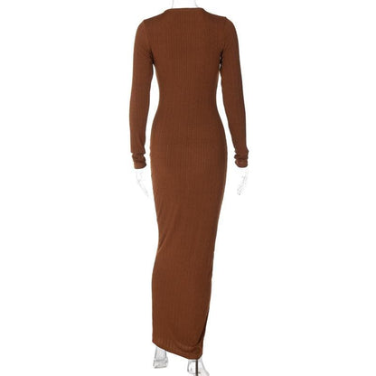 BerryBetty - Long sleeve solid round neck maxi dress