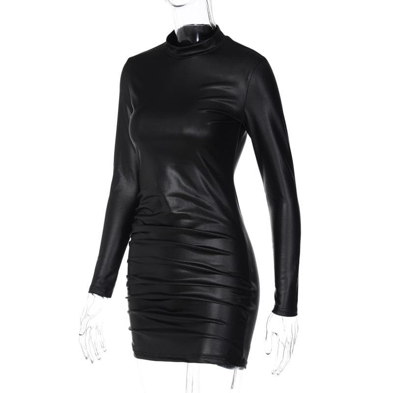 BerryBetty - Ruched solid long sleeve high neck mini dress