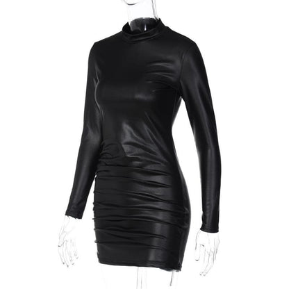 BerryBetty - Ruched solid long sleeve high neck mini dress