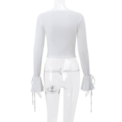 BerryBetty - Long flared sleeve self tie stitch ribbed solid crop top