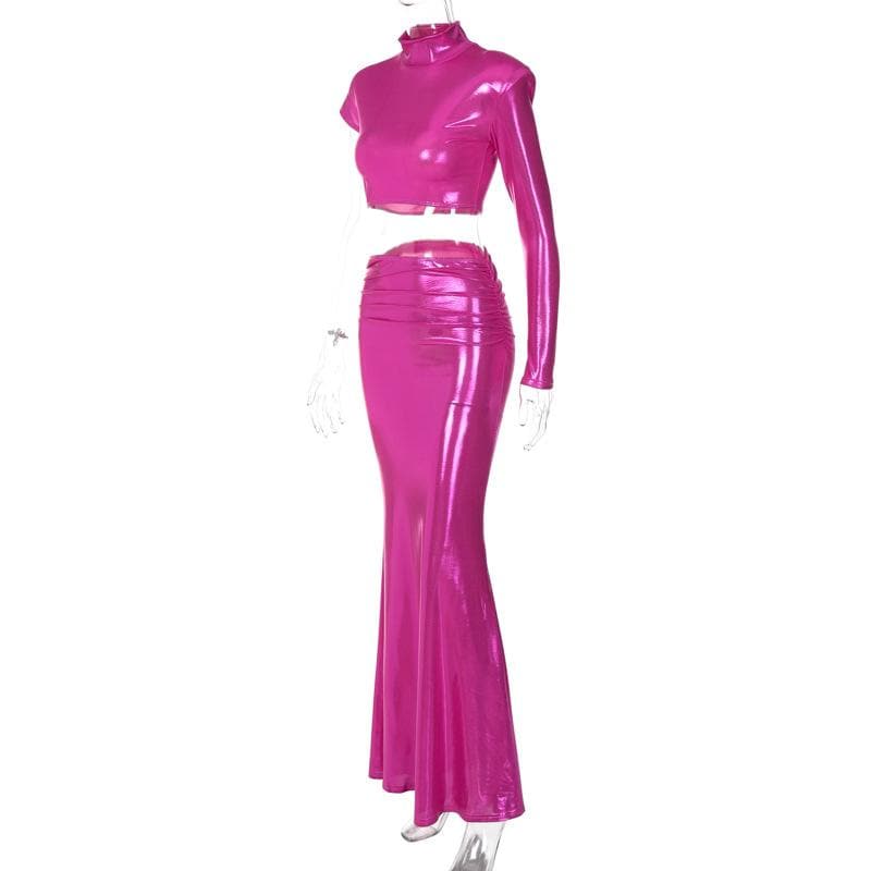 BerryBetty - High neck irregular padded metallic maxi skirt set