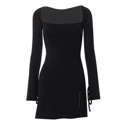 BerryBetty - Long sleeve solid slit square neck self tie mini dress