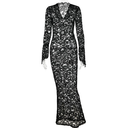 BerryBetty - Lace see through long sleeve v neck solid maxi dress