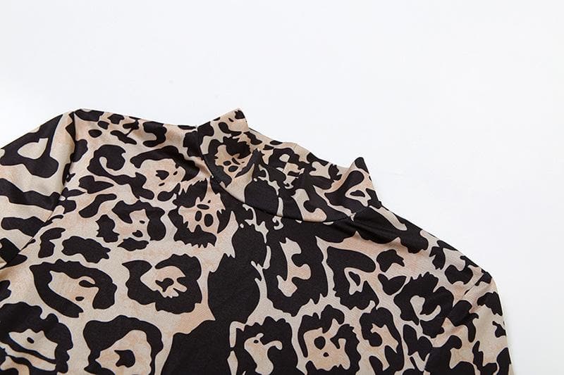 BerryBetty - Leopard print contrast high neck long sleeve maxi dress