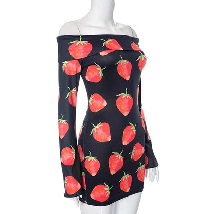 BerryBetty - Off shoulder long sleeve strawberry print contrast mini dress