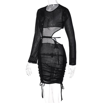 BerryBetty - See through long sleeve ruched open back drawstring dress