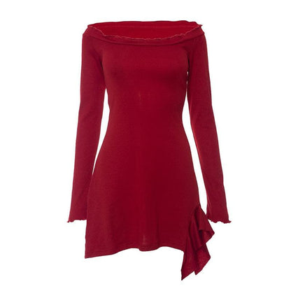 BerryBetty - Ruffle solid long sleeve irregular off shoulder mini dress