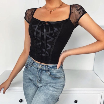 BerryBetty - Self tie lace hem square neck cap sleeve crop top