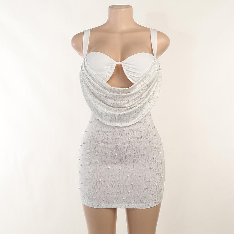 BerryBetty - Sleeveless solid ruched beaded hollow out backless cowl neck cami dress