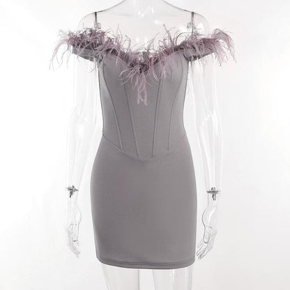 BerryBetty - Feather backless zip-up off shoulder corset mini dress