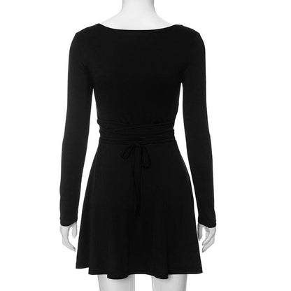 BerryBetty - Square neck long sleeve solid lace up 2-way mini dress