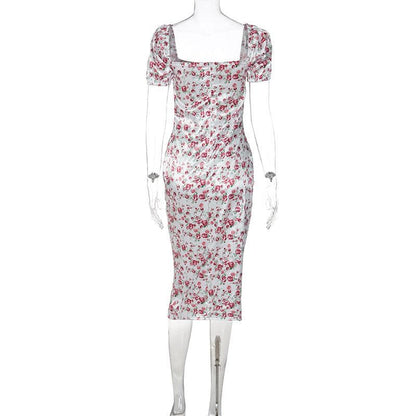 BerryBetty - Satin flower pattern print zip-up ruched square neck short sleeve midi dress