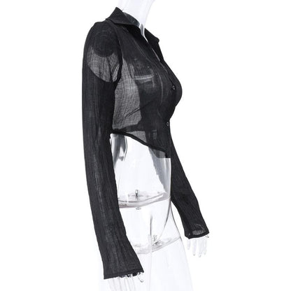 BerryBetty - Long sleeve solid turnover collar v neck button backless self tie crop top