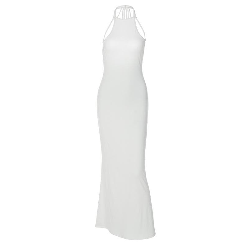 BerryBetty - Halter solid sleeveless backless self tie maxi dress