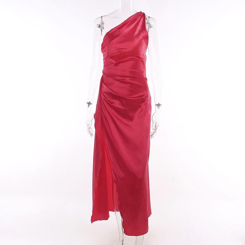 BerryBetty - Slit solid satin one shoulder irregular ruched maxi dress