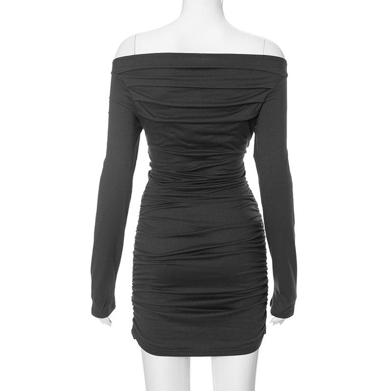 BerryBetty - Off shoulder long sleeve ruched backless solid mini dress