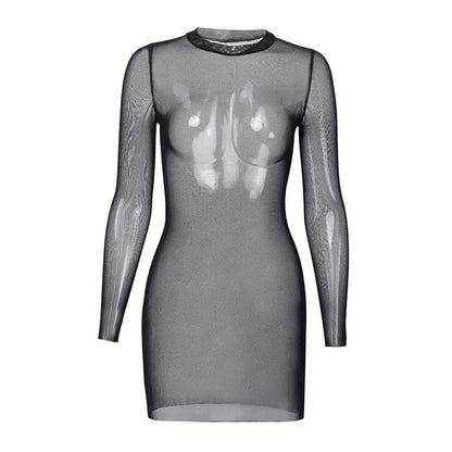 BerryBetty - Sheer mesh see through solid long sleeve mini bodycon dress