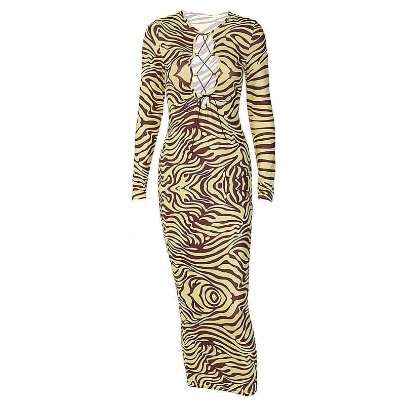 Long sleeve lace up zebra print midi dress - Halibuy