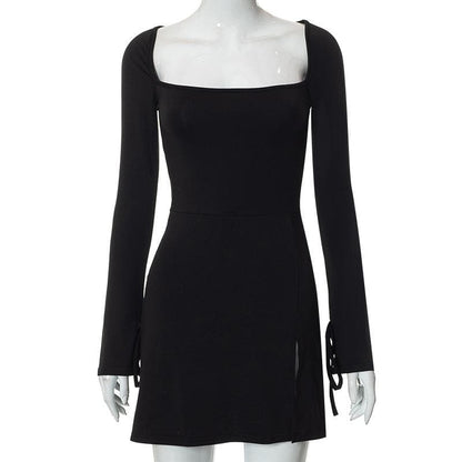 BerryBetty - Long sleeve solid slit square neck self tie mini dress