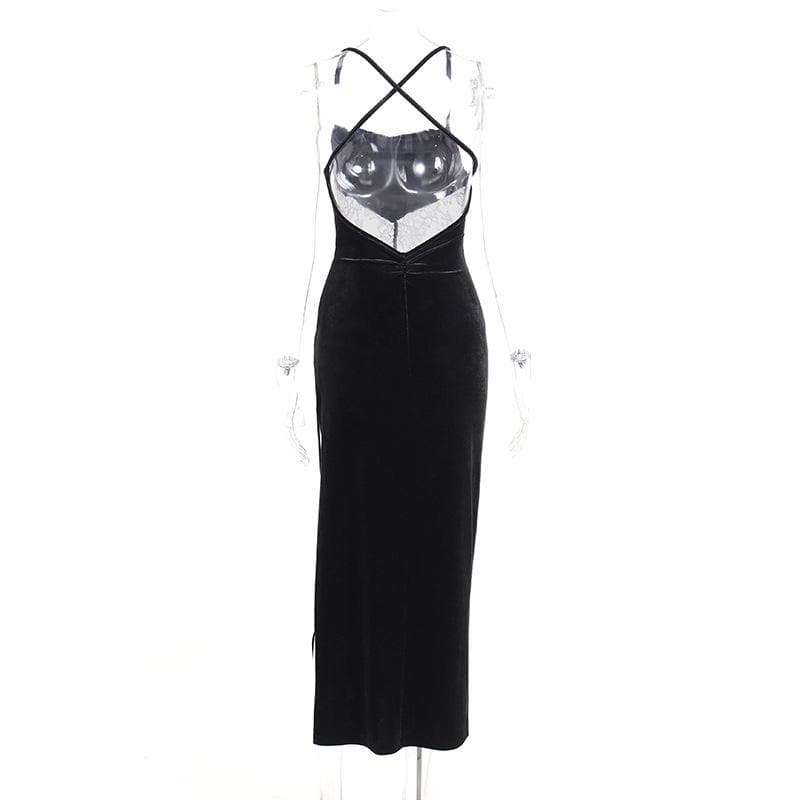 BerryBetty - Cowl neck lace hem slit backless velvet cross back midi dress