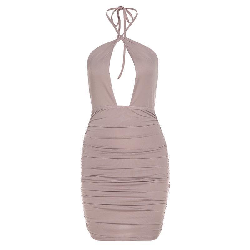 Hollow out ruched halter tie back bodycon dress - Halibuy