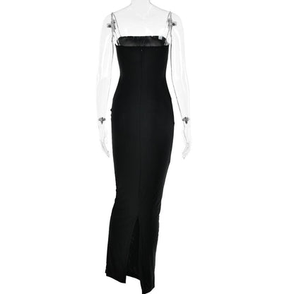 BerryBetty - Metal chain square neck slit solid knotted maxi dress